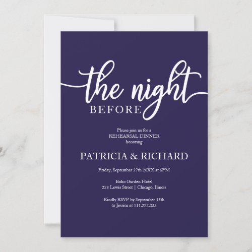 The Night Before Navy Blue Rehearsal Dinner Invitation