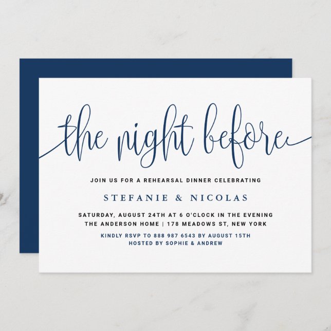 The Night Before Navy Blue Script Rehearsal Dinner Invitation (Front/Back)