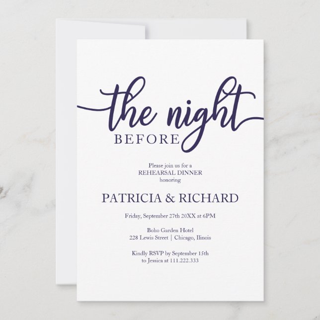 The Night Before Navy Blue White Rehearsal Dinner Invitation (Front)