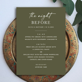 The Night Before. Olive Green Rehearsal Dinner Menu by RemioniArt at Zazzle