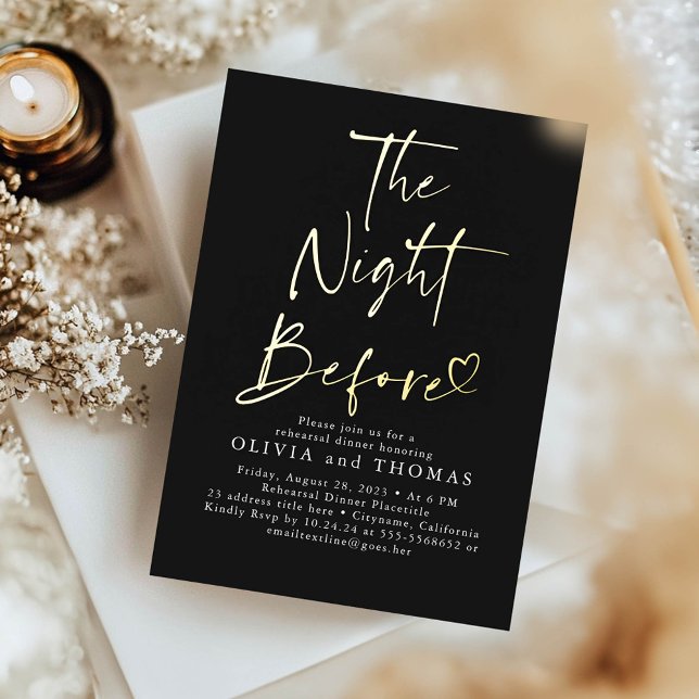 The Night Before Rehearsal Dinner Black Modern Foil Invitation (Gold Foil Black Rehearsal Dinner Invitation)