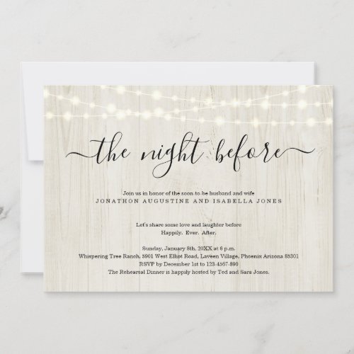 The Night Before Rehearsal Dinner Invitation - A wonderfully simple and rustic wood backdrop to invite guests to the rehearsal dinner.