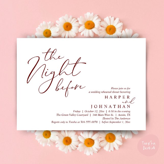 The Night Before Romantic Wedding Rehearsal Dinner Invitation (The Night Before Romantic Wedding Rehearsal Dinner Modern Invites Card PDF Burgundy Wine Red)