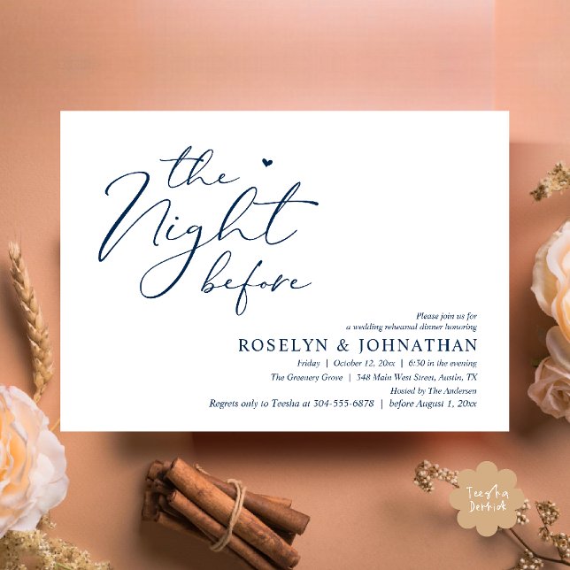 The Night Before Romantic Wedding Rehearsal Dinner Invitation (The Night Before Romantic Wedding Rehearsal Dinner Little heart Invitation Card PDF Navy Blue)