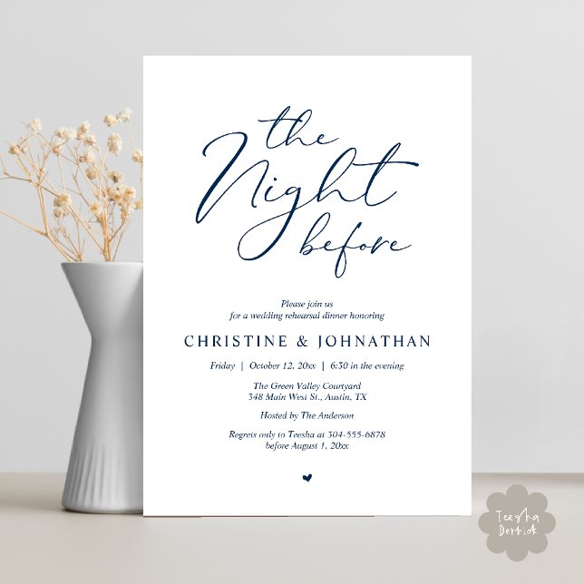 The Night Before Romantic Wedding Rehearsal Dinner Invitation (The Night Before Romantic Wedding Modern Rehearsal Dinner Invites Card Hosted Parents Navy Blue)