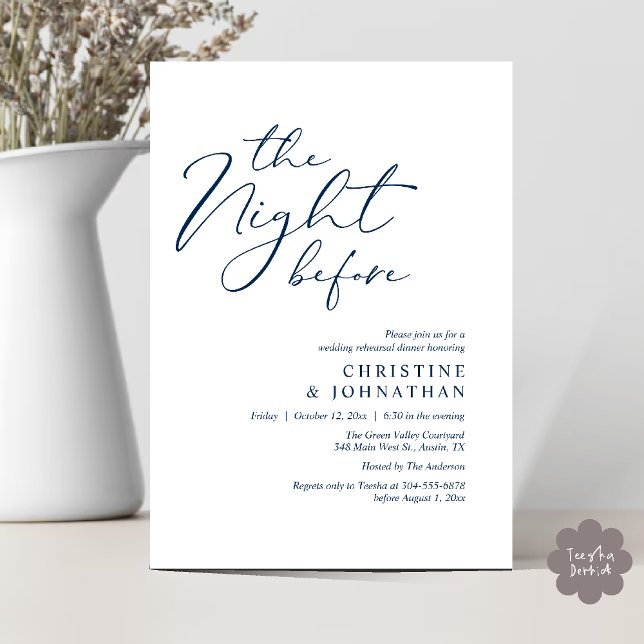 The Night Before Romantic Wedding Rehearsal Dinner Invitation (The Night Before Romantic Wedding Modern Rehearsal Dinner Invites Card Hosted Parents Navy Blue)