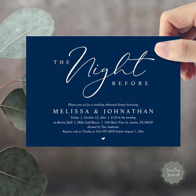 The Night Before Romantic Wedding Rehearsal Dinner Invitation (The Night Before, Romantic Wedding Rehearsal Dinner Invitation Card, PDF, in Navy Blue)