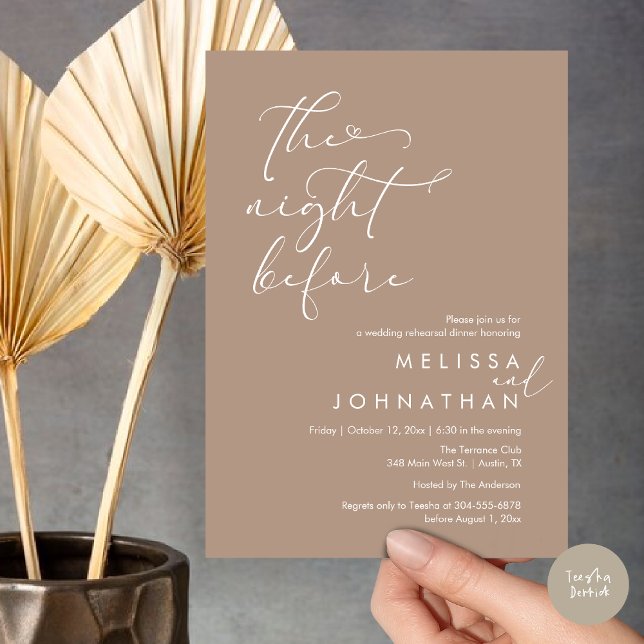 The Night Before Romantic Wedding Rehearsal Dinner Invitation (The Night Before, Romantic Wedding Rehearsal Dinner Invitation Card, PDF, Warm Taupe Brown Boho Chic)