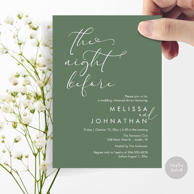 The Night Before Romantic Wedding Rehearsal Dinner Invitation (The Night Before, Romantic Wedding Rehearsal Dinner Invitation Card, PDF, Forest Sage Green)