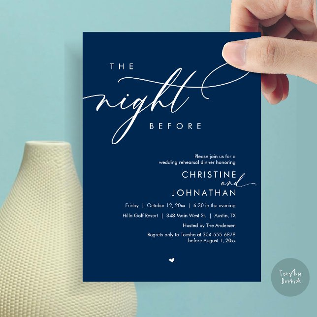 The Night Before Romantic Wedding Rehearsal Dinner Invitation (The Night Before, Modern Romantic Wedding Rehearsal Dinner Invitation Card, PDF, In Navy Blue)