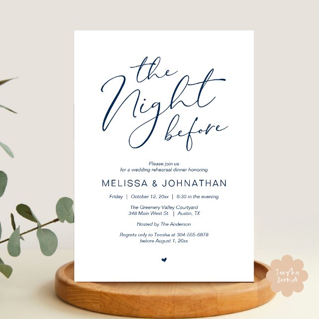 The Night Before Romantic Wedding Rehearsal Party Invitation (The Night Before Romantic Modern Wedding Rehearsal Dinner Aesthetic Invites PDF Classy Navy Blue)