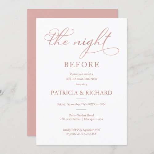 The Night Before Rose Gold Foil Rehearsal Dinner Invitation