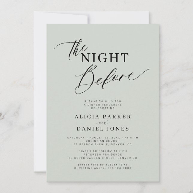 The night before sage green rehearsal dinner invitation (Front)