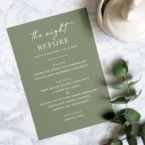 The night before Sage green rehearsal dinner Menu