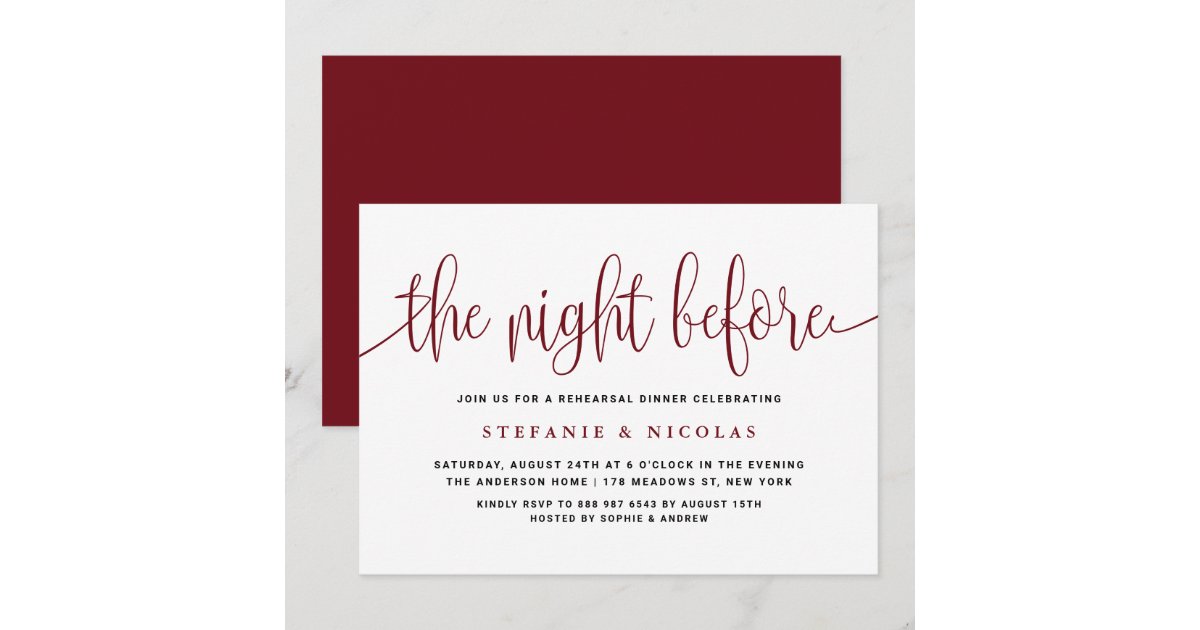 The Night Before Script Burgundy Rehearsal Dinner Invitation | Zazzle