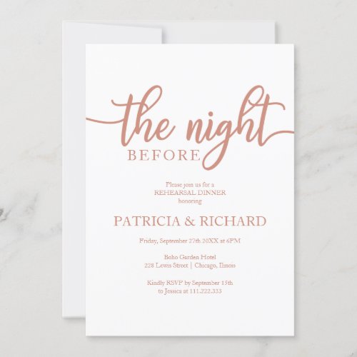 The Night Before Simple Rose Gold Rehearsal Dinner Invitation