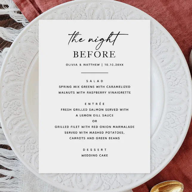 The night before. Simple wedding rehearsal dinner Menu Zazzle