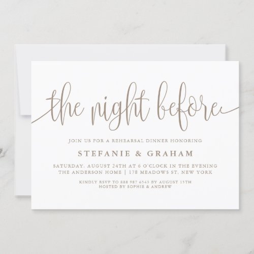 The Night Before Taupe Script Rehearsal Dinner Invitation
