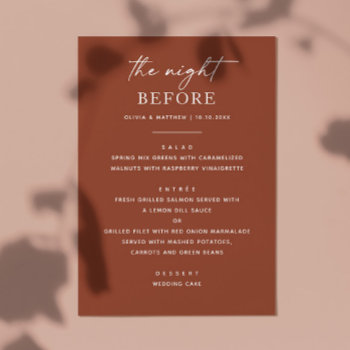 The Night Before. Terracotta Fall Rehearsal Dinner Menu by RemioniArt at Zazzle