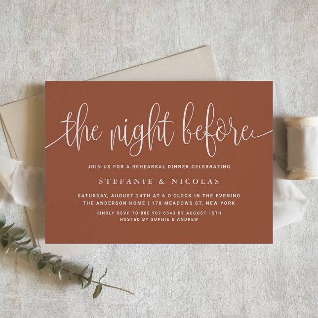 The Night Before Terracotta Rehearsal Dinner Invitation (Customizable boho rehearsal dinner invitation featuring "the night before" in modern calligraphy. )