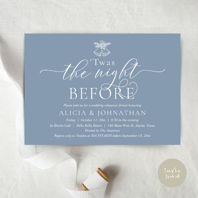 The Night Before, Twas Wedding Rehearsal Dinner Invitation (The Night Before, Twas Wedding Rehearsal Dinner Party Invites Card mistletoe wedding bell Dusty Blue)
