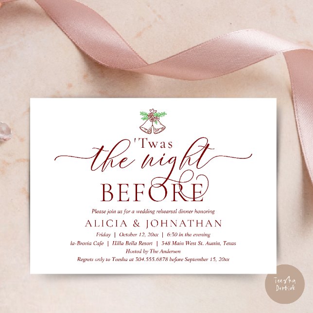The Night Before, Twas Wedding Rehearsal Dinner Invitation (The Night Before, Twas Wedding Rehearsal Dinner Party Invites Card mistletoe wedding bell burgundy)