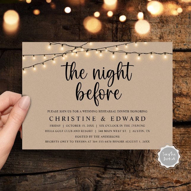 The Night Before, Wedding Rehearsal, Brown Kraft Invitation (The Night Before, Wedding Rehearsal, Brown Kraft Invitation Card, with rustic cottage String Lights)
