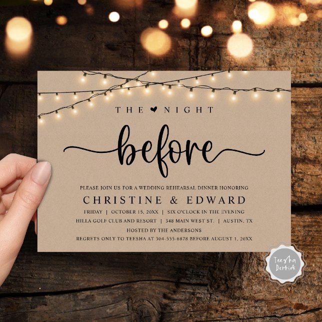 The Night Before, Wedding Rehearsal, Brown Kraft Invitation (The Night Before, Wedding Rehearsal, Brown Kraft Invitation Card, with rustic cottage String Lights.)