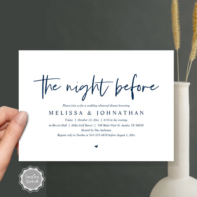The Night Before, Wedding Rehearsal Dinner Invitat Invitation (The Night Before, Wedding Rehearsal Dinner Invitation Card, Modern Casual Script, in Navy Blue)