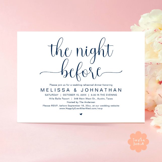 The Night Before, Wedding Rehearsal Dinner Invitat Invitation (The Night Before, Wedding Rehearsal Dinner Romantic Party Invitation Card Heart PDF navy Blue)