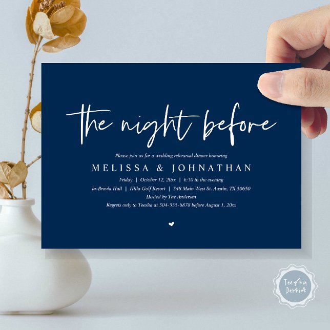 The Night Before, Wedding Rehearsal Dinner Invitation (The Night Before, Wedding Rehearsal Dinner Invitation Card, Modern Casual Script, in Navy Blue)