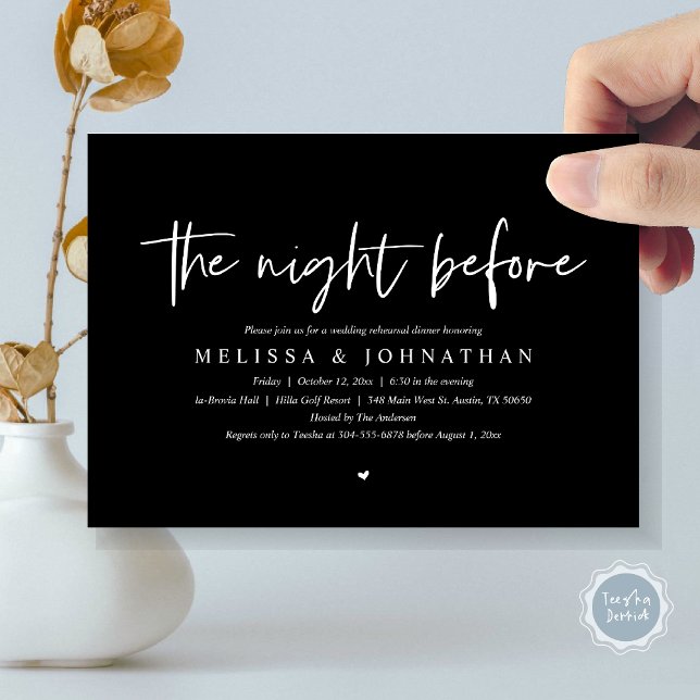 The Night Before, Wedding Rehearsal Dinner Invitation (The Night Before, Wedding Rehearsal Dinner Invitation Card, Modern Casual Script, in classy black)