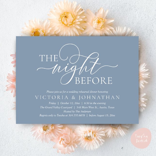 The Night Before, Wedding Rehearsal Dinner Party Invitation (The Night Before, Wedding Rehearsal Dinner Party Classy Romantic Invitation Card PDF Dusty Blue)