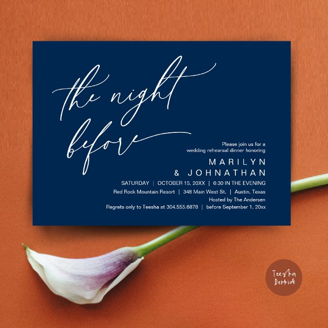 The Night Before, Wedding Rehearsal Dinner Party Invitation (The Night Before, Romantic Modern Wedding Rehearsal Dinner Party Invitation Card PDF Navy Blue)