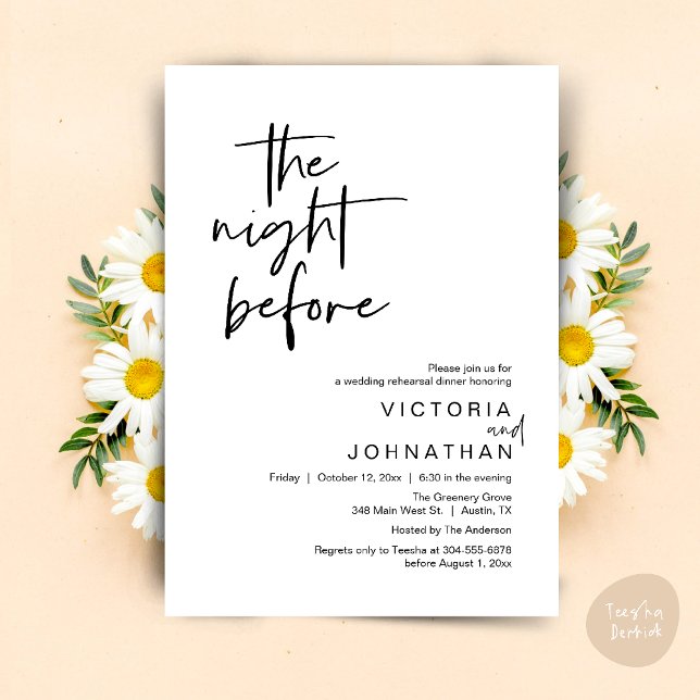 The Night Before, Wedding Rehearsal Party Dinner Invitation (The Night Before, Wedding Rehearsal Dinner Party Invites Card PDF Romantic Modern Casual Black White)