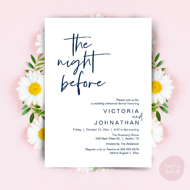 The Night Before, Wedding Rehearsal Party Dinner Invitation (The Night Before, Wedding Rehearsal Dinner Party Invites Card PDF Romantic Modern Casual Navy Blue)
