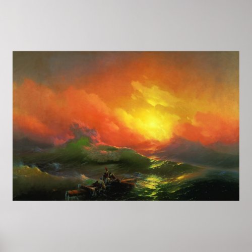 The Ninth Wave Stormy Sea with Red Sunset Poster