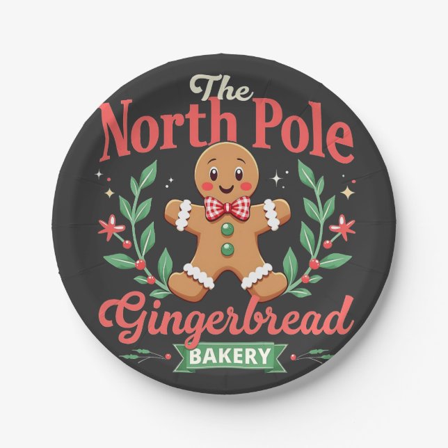 The North Pole Gingerbread Bakery Christmas  Paper Plates (Front)