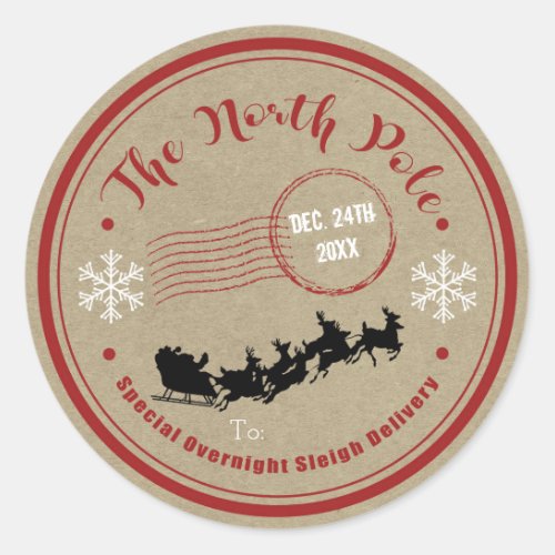 The North Pole Sleigh Overnight Delivery Christmas Classic Round Sticker