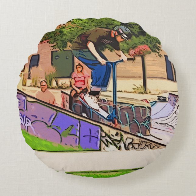 The Nosedive Landing - Scooter Rider Trick Round Pillow (Front)