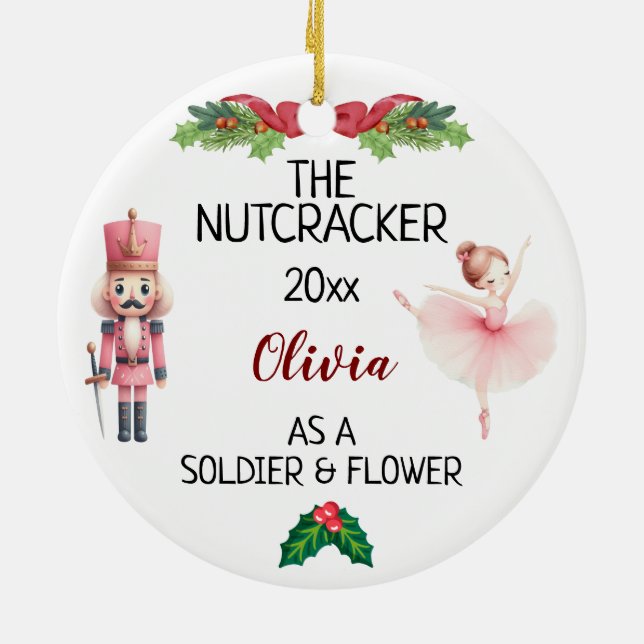 The Nutcracker & Ballerina With Custom Name & Text Ceramic Ornament (Back)