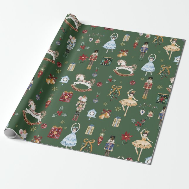 The Nutcracker Christmas Ballet Vintage Watercolor Wrapping Paper (Unrolled)