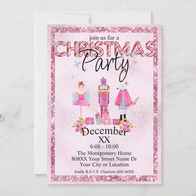 The Nutcracker Christmas Watercolor Pink Glitter Invitation (Front)