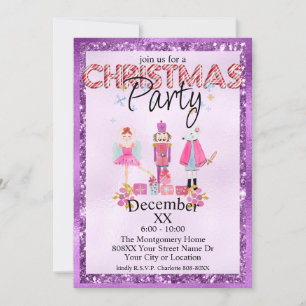 The Nutcracker Christmas Watercolor Purple Glitter Invitation