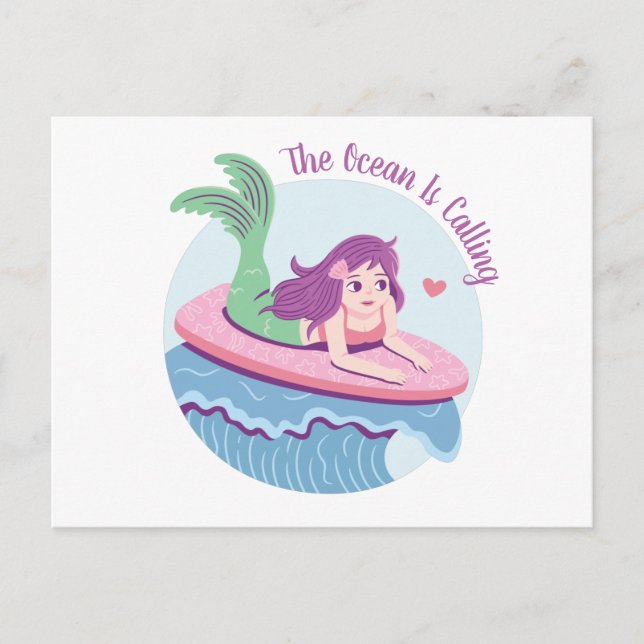 The Ocean Is Calling Surfing Mermaid Funny Postcard (Front)