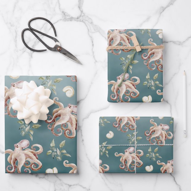 The Octopus Under A Deep Green Sea Wrapping Paper Sheets (Front)