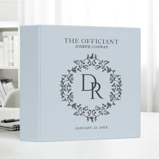 The Officiant Wedding Elegant Monogram Blue 3 Ring Binder (Creator Uploaded)