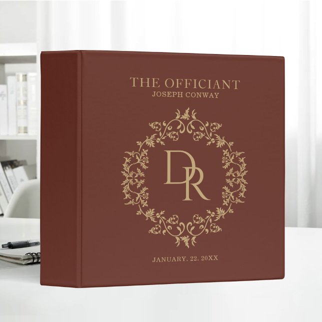 The Officiant Wedding Elegant Monogram Brown 3 Ring Binder (Creator Uploaded)