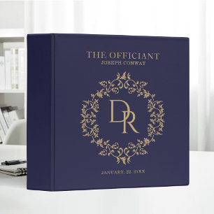 The Officiant Wedding Elegant Monogram Navy 3 Ring Binder