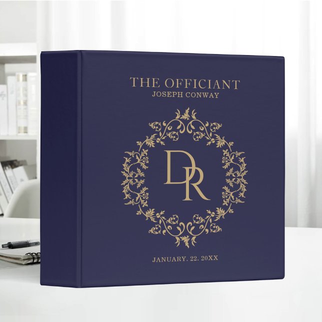 The Officiant Wedding Elegant Monogram Navy 3 Ring Binder (Creator Uploaded)